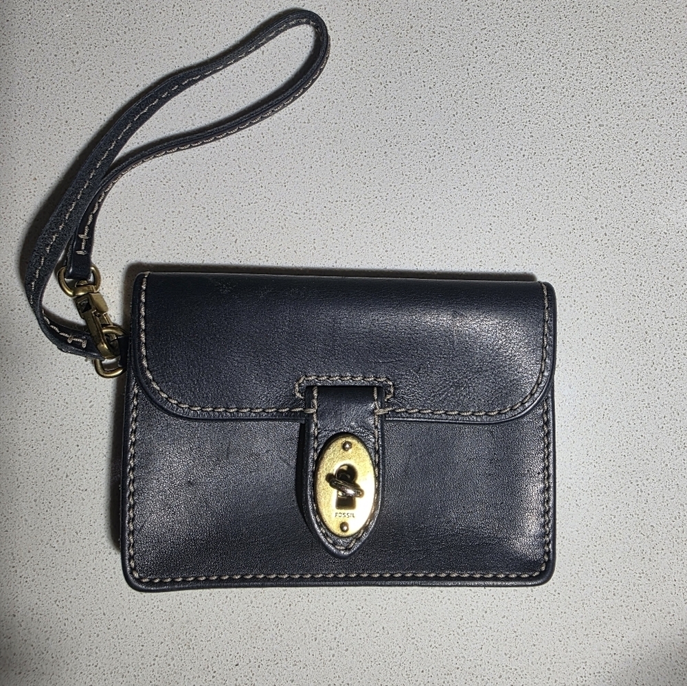 Fossil austin wristlet clutch wallet purse brass turn lock black leather